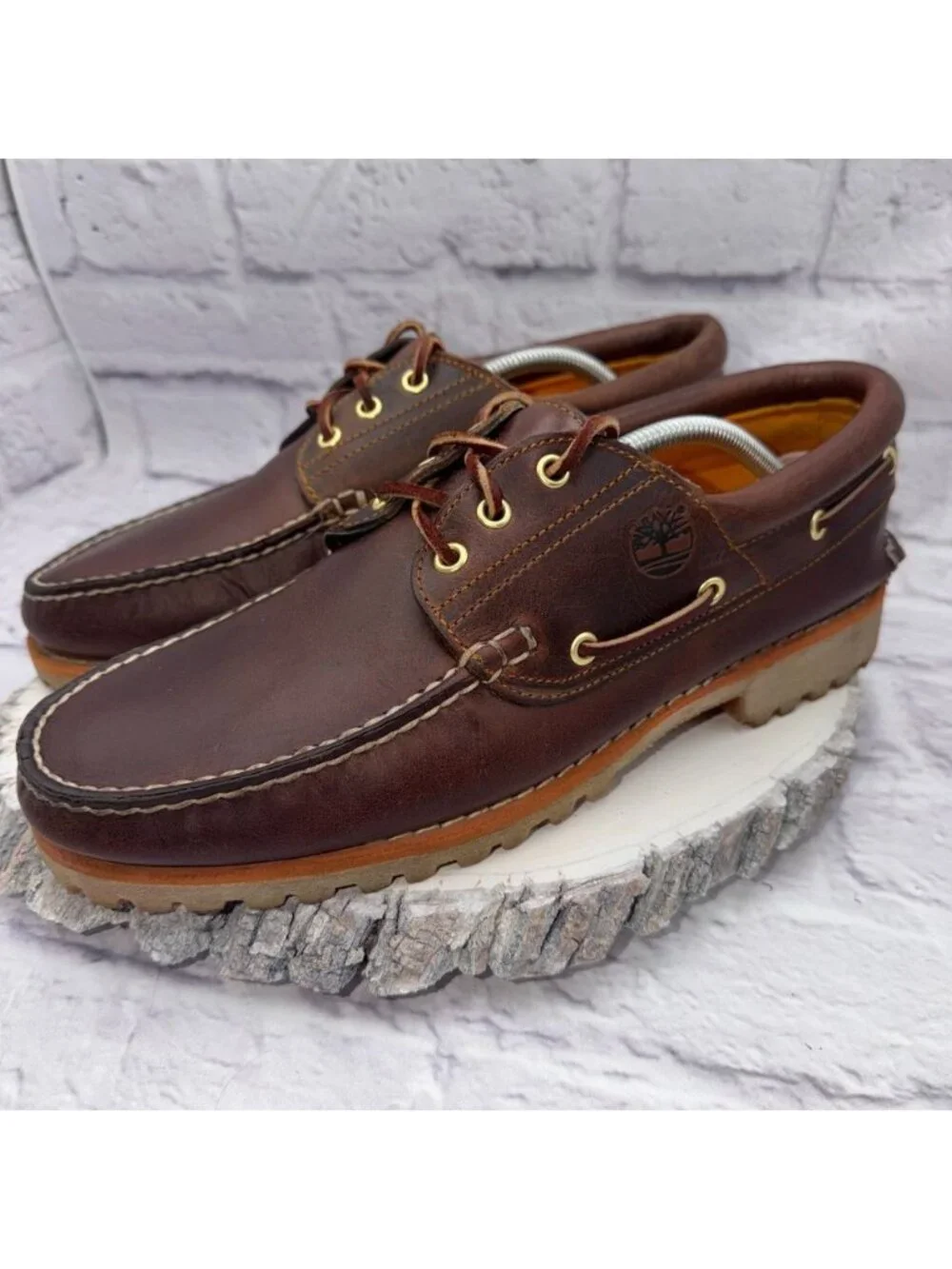 Timberland Mens Authentic 3-Eye Lug Handsewn Brown Leather Boat Shoes Size 12 M